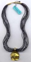 Rose Pendant, Gold Foil, Black Seed Bead Necklace